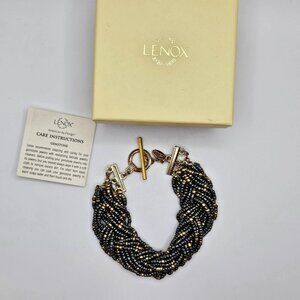 Lenox Bracelet Slate Blue Gold Tone Braided Sead Bead Toggle Clasp 8" Long
